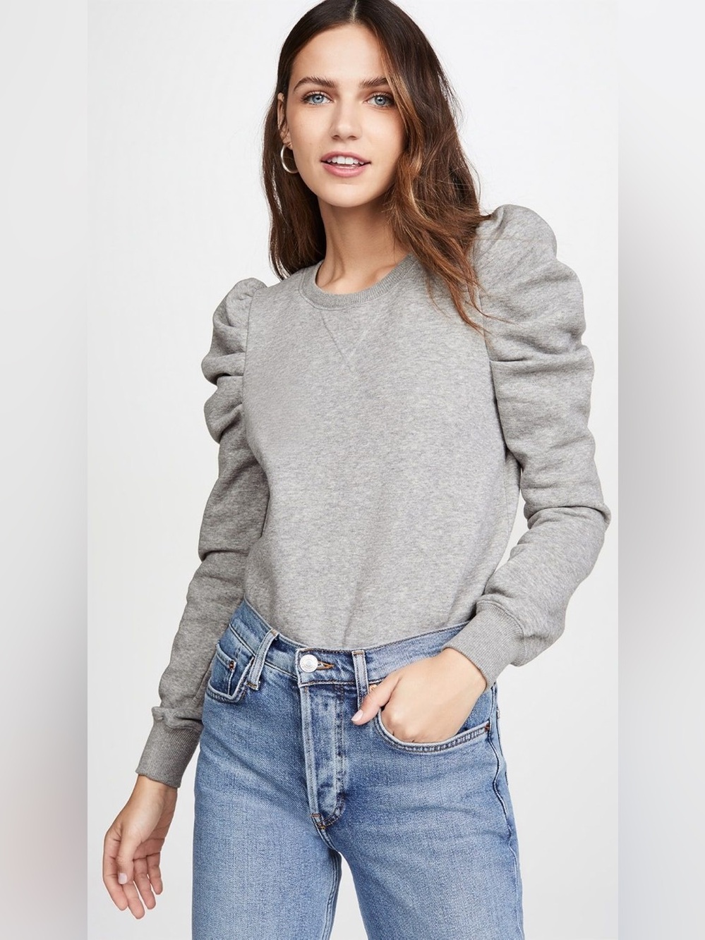 Rebecca Minkoff Janine Puff Sleeve Crewneck Sweatshirt - Light Heather Gray